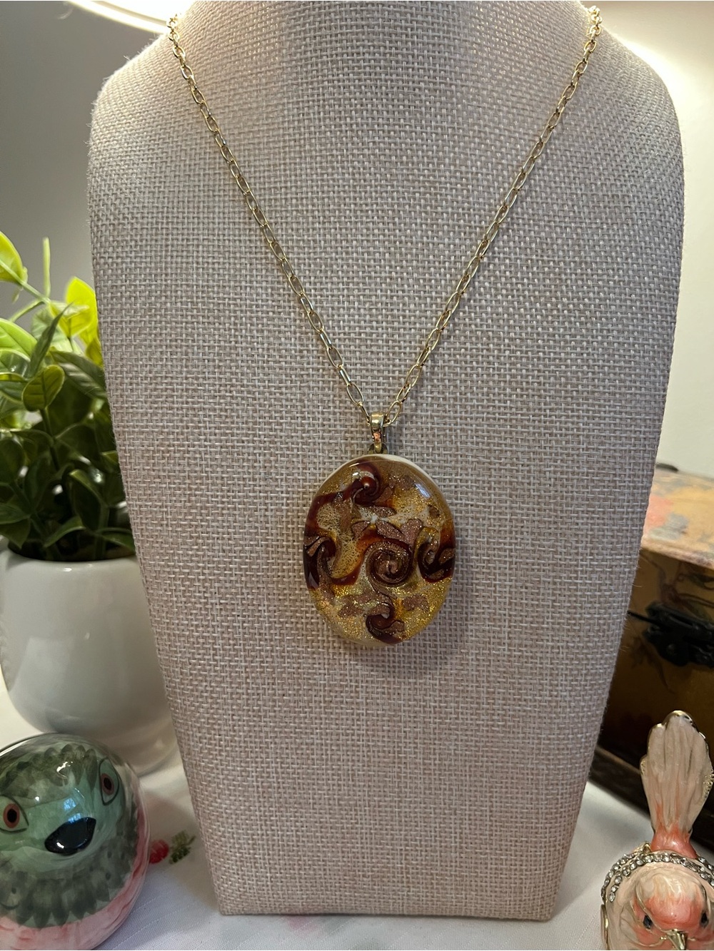 Lia Sophia Gold-Tone Pendant with Brown Swirl Glass